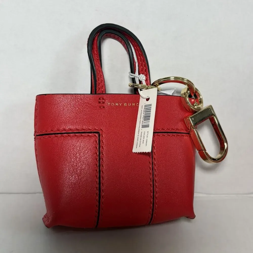 Tory Burch Mini Block-T Tote Bag Charm Key Fob Red Gold Hardware NWT